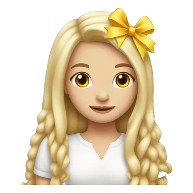 cute white girl, with yellow bow in her hair, long straight hair, hugging a Teddy bear sticker