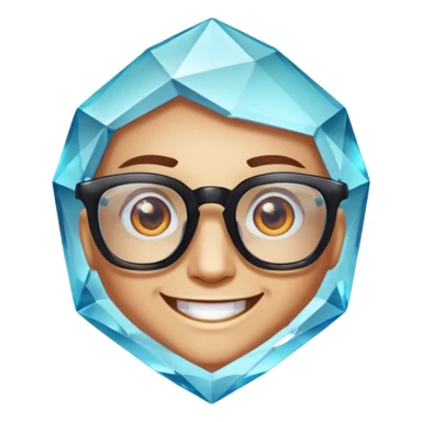 A single crystal gemstone character wearing glasses, chunky and irregular with faceted very sharp sides, smile, , high detail, sticker