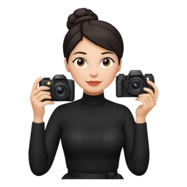 48 year old woman photographer with dark hair in a bun, wearing black clothes sticker