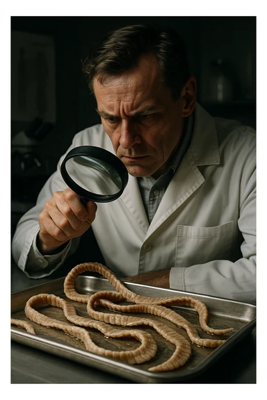 A middle-aged male kinesiologist wearing a pristine white lab coat, intensely analyzing long, beige tapeworms (like Taenia) under a magnifying glass. His expression is focused and slightly concerned, with dramatic studio lighting casting sharp shadows. The parasites are highly detailed, moist, and textured, stretched across a sterile metal tray. The background is blurred but suggests a clinical environment—hints of a microscope, medical charts, and clean lab equipment. The style is hyper-realistic, with a cinematic contrast between the bright white coat and the grotesque, organic forms of the parasites. No sci-fi elements, just raw medical realism with a disturbing edge sticker