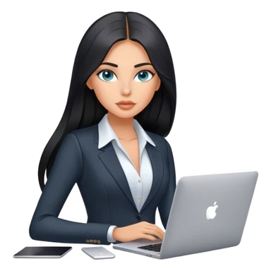 Glamours tanned very beautiful girl with pump peach nude lips and black straight smooth long hair, blue-grey eyes in beautiful black vest from the suit with MacBook sticker