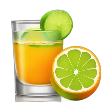 A single orange tequila shot with slice of green lemon piece sticker