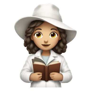 brunette girl in a white jacket in a white hat hugs a book sticker