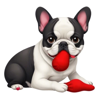 Black and white Bouledogue français eating a red sock  sticker