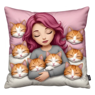 girl with long wavy brown hair, long lashes makeup, sexy pink lips, light to medium complexion,  sleeping on a cozy pillow, with 6 cats: 1 ginger/white, 1 grey with white paws, 1 calico, 2 grey and white and one tabby and white sticker
