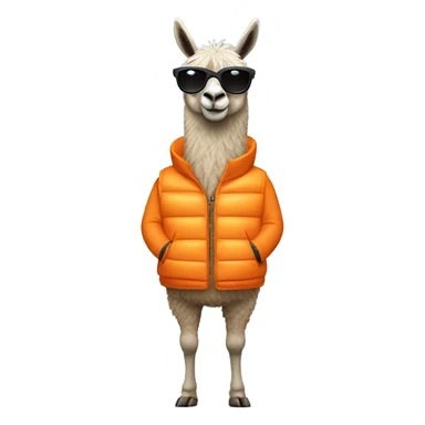 llama wearing an orange puffer vest and sun glasses full body sticker
