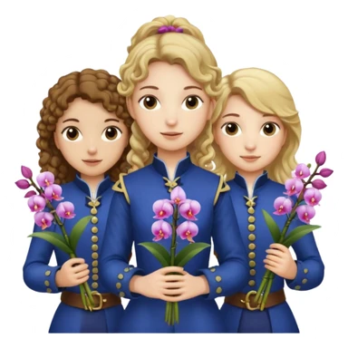3 female musketeers, one with brown curly hair, one with straight blond hair, one with blond hair in pony tail, all holding orchids sticker