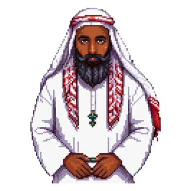 friendly Saudi man with wide beard, sharp features, white thobe, red shemagh, pixel art aesthetics sticker