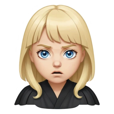 Very Angry with small blue eyes, blonde hair with bangs, circles under her eyes from being tired,wearing a black judges robe sticker