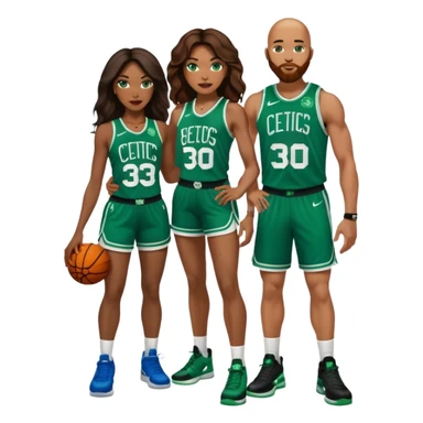 48-year-old black woman with brown eyes, long dark brown balayage hair dressed in sexy 
celtics jersey costume outfit & stilettos with bald white man with ginger beard, and he has blue eyes, wearing a Jason Tatum Boston Celtics Jersey, matching Nike sneakers  sticker