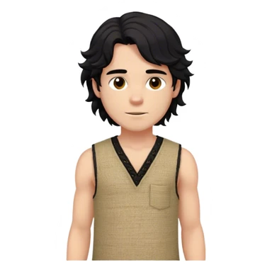 medieval summer outfit worn by a DnD themed fantasy male character. basic sleeveless hemp tunic with a reinforced collar and a crude stitch pattern. clothes only above the waist. The clothes full waist. The character's haven't arms. character is white-skinned, jet black hair, brown eyes, medium-length wavy hair. sticker