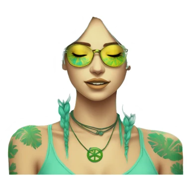 420 Tie dye hippie person flower crown tattoos hemp leaves cyan green yellow caution tape hazard stripes dark colours sticker