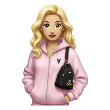 A blonde in a velor tracksuit holds a Louis Viton bag sticker