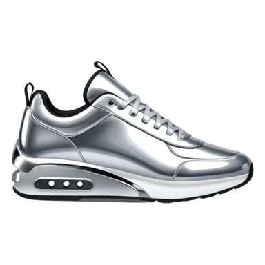A pair of futuristic sneakers emoji made of silver chrome, sleek streetwear design, smooth metallic panels, subtle reflections, luxury swag aesthetic, iOS emoji style, centered, clean white background sticker