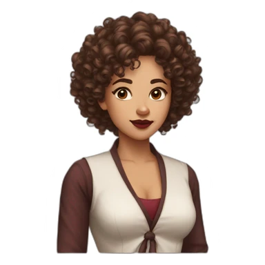 Woman, curly hair, tied up, brown eyes, marsala lipstick, professora sticker
