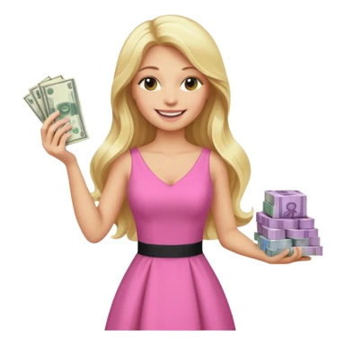 rich long hair blonde australian millionare woman holding cash bricks wearing pink dress sticker