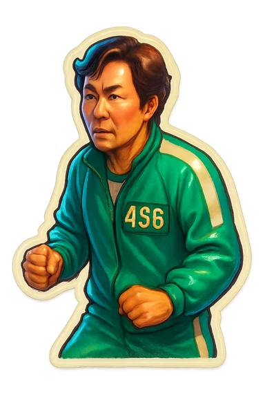 squid game player in green tracksuit, sticker style, white border, playful sticker