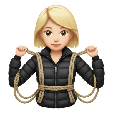 blond female emoji wearing a black down jacket, arms behind the back and ropes tying it sticker