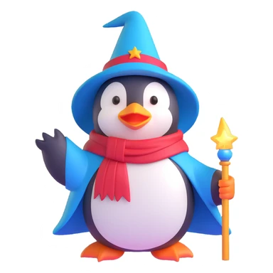 3D emoji of a penguin wearing a wizard hat and cape, holding a glowing wand sticker