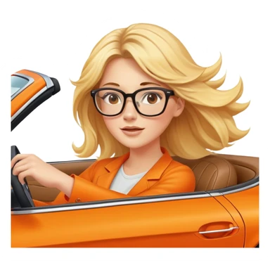 Cinematic realistic blonde with glasses, driving an orange Mercedes car, her hair fluttering slightly in the wind sticker