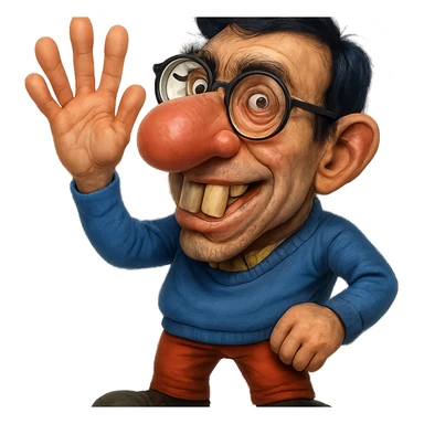 Make this character look like a nerd with an even bigger nose, buck teeth, glasses, and more realistic features. Keep the hand visible. Style should be semi-realistic, nerdy, expressive, with no background. sticker
