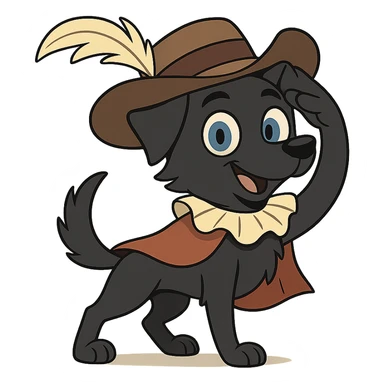 A cute small dog with sleek black fur, bright blue eyes, and a playful expression, dressed as a musketeer. The dog is wearing a classic musketeer hat with a feather, a tiny cape, and a ruffled collar. The dog is playfully saluting with a paw raised in a noble gesture. sticker
