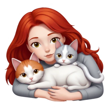 Girl with red hair laying down cuddling grey and white cat  sticker