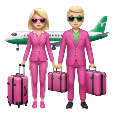 Девушка и мужчина вдвоем стоят в аэропорту с чемоданами. На фоне самолет в и табло с рейсами. Девушка в спортивном розовом , мужчина тоже в спортивном зеленом . Девушка держит дамскую сумку розовую. Мужчина держит фотоаппарат в руке и на нем солнцезащитные очки черного цвета  sticker