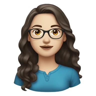 woman with pale skin, long dark brown wavy hair, blue eyes and glasses sticker
