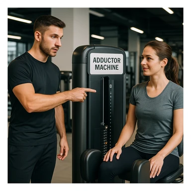 realistic side view of a personal trainer in sportswear pointing to the adductor machine to a client, Italian sign 'Adductor machine' clearly visible, explanatory atmosphere, detailed, modern gym background, 4K quality sticker