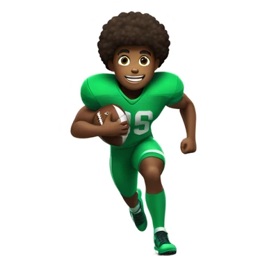 Muscular Afro teenage boy  in green footage uniform running fast with a football in his hand. sticker