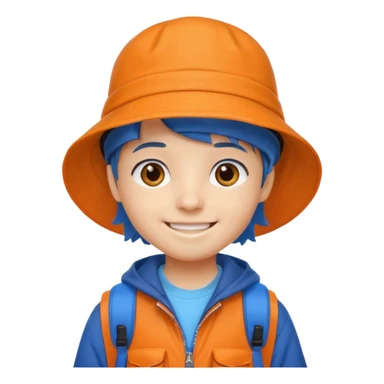 A little student with bucket hat, orange jacket, blue backpack sticker