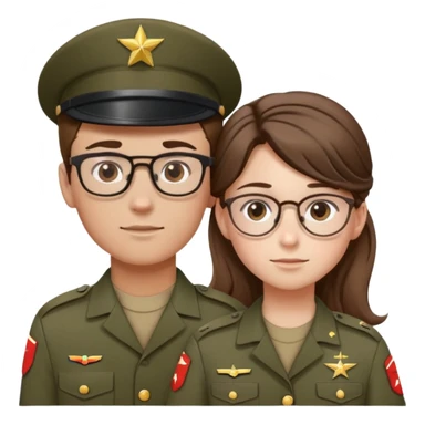 A teen boy with wavy brown hair covering his forehead head with glasses and wearing an army uniform holding hands with a girl with brown hair in a slick back ponytail and freckles with hazel eyes and nice eyelashes also in a army uniform  sticker