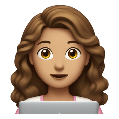 a woman with brown long wavy hair and brown eyes and white skin with macbook sticker