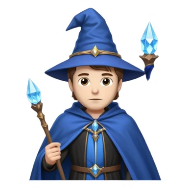 A white-skinned man with brown hair stands in sharp black clothing. He wears a pointed wizard hat and cape, holding a wooden staff crowned with a glowing blue crystal. His calm expression and steady posture suggest quiet mastery and a blend of magic, mystery, and modern elegance. sticker