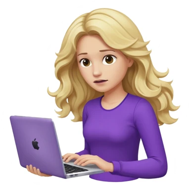 lady with long blonde wavy hair, purple top throwing her with a laptop looking defeated sticker