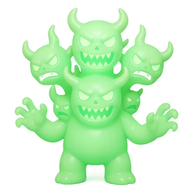 terrifying monster with multiple heads, twisted horns, clawed hands, eerie green glow, vinyl figure style sticker
