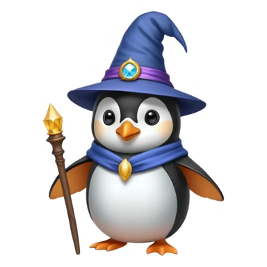 A penguin dressed as a wizard, wearing a pointed hat and holding a magic wand sticker