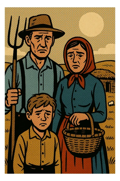 A sad homestead farming family from the 1860s standing in front of their sod house on the Great Plains. The father is holding a pitch fork and the mother is carrying an empty basket. The land in the background is grassland with a few grazing sheep sticker