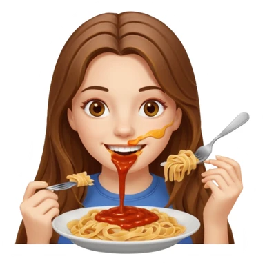 smiling white long brunette hair girl with hazel eyes eating pasta sticker