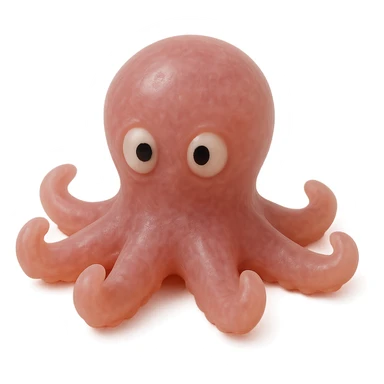 Make the octopus a natural color (e.g., reddish or purple), more transparent and see-through, retro 90's toy style, derpy eyes, no tag, no background, soft plastic, soft reflections, soft and squishy, some cloudiness, not shiny, highly detailed, appealing. sticker