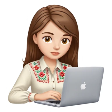 A Ukrainian girl with brown hair in an embroidered shirt works at her laptop sticker