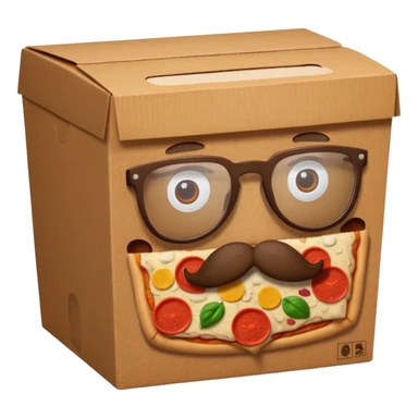 pizza take-out carton with glassess and mustache sticker