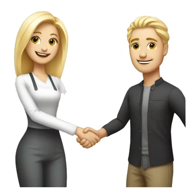 adult restaurant owner with white skin and blogger with white skin and blonde hair shaking hands in full height sticker