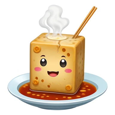 Changsha Stinky Tofu with visible steam and sauce, simplified emoji style with bold outlines and bright colors, cartoon style famous fermented snack sticker