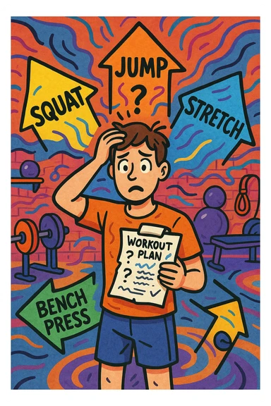 a person stands in the center of a gym, surrounded by arrows pointing in all directions, each labeled with a different exercise (e.g., “squat,” “jump,” “stretch,” “bench press”). The person looks bewildered, holding a workout plan with scribbles and question marks. The scene is colorful but visually messy, symbolizing confusion. in italiano sticker