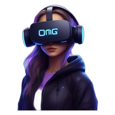 Russian girl wearing a black hoodie with "OMG" letters on it and VR headset in a cyberpunk VR environment with violet neon lighting. sticker