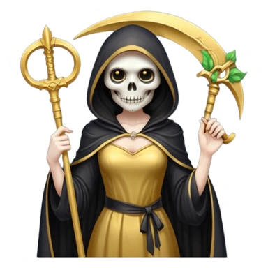 feminine grim reaper in a gold with scythe sticker