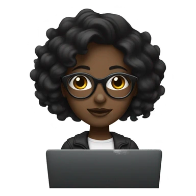 Dark-skinned girl with black wavy hair, wearing clear glasses and a black laptop. sticker