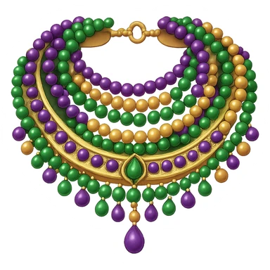 Add Mardi Gras beads to the simple collar while keeping the basic purple, green, and gold ruffles. The style should resemble emoji style with a transparent background. sticker